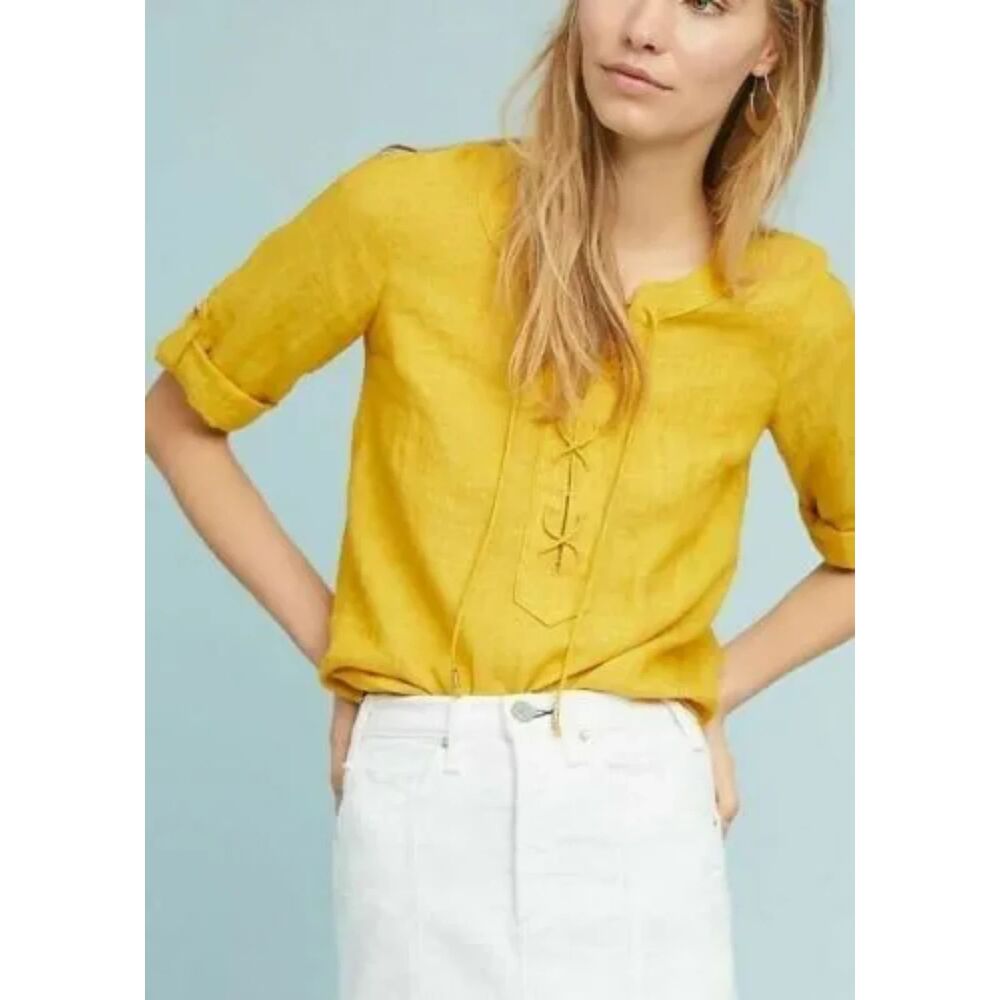 Maeve by Anthropologie Marva Lace-Up Linen Blouse, Golden Yellow, Size 6